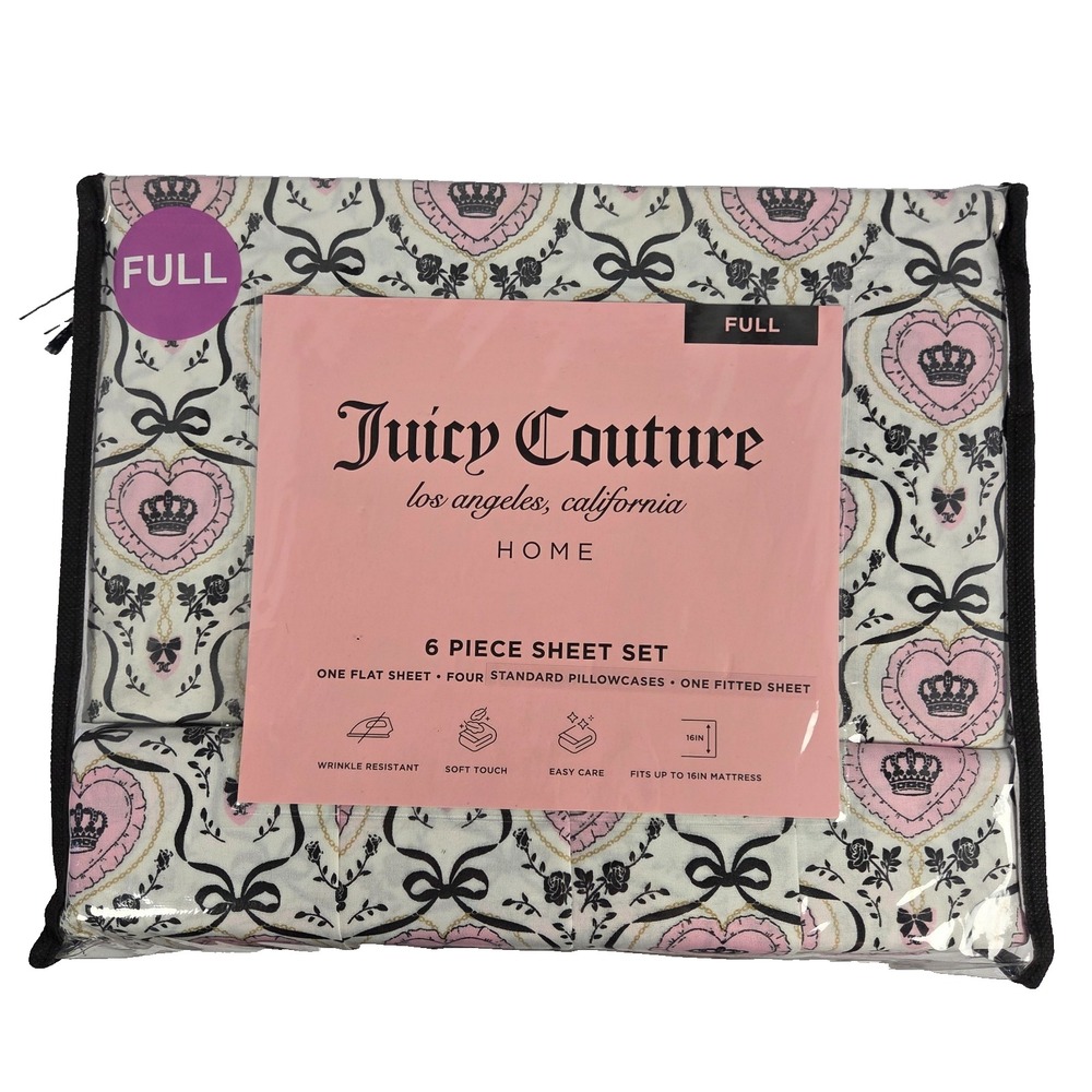 Juicy Couture Full Sheet Set 6 Piece Pink Black Crown Heart Bow Bedding New